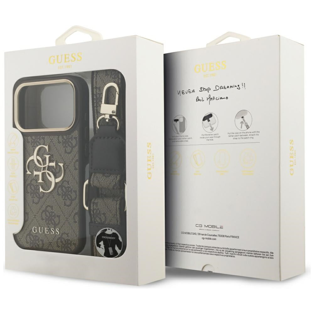 Hülle für Apple iPhone 17 Pro, Guess, Big 4G Classic Logo mit großem Riemen, Braun