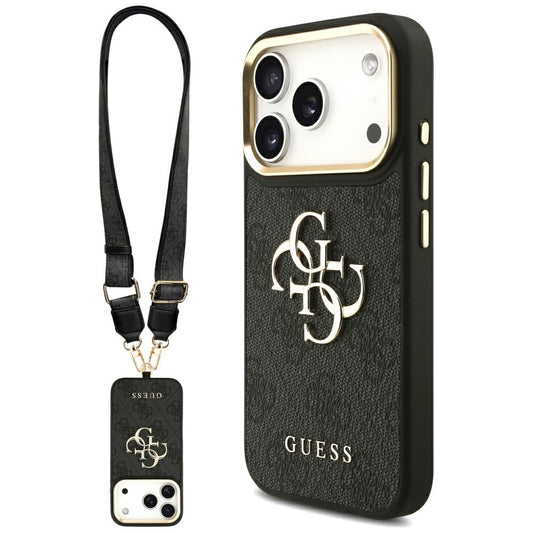 Hülle für Apple iPhone 17 Pro, Guess, Big 4G Classic Logo mit großem Band, Schwarz