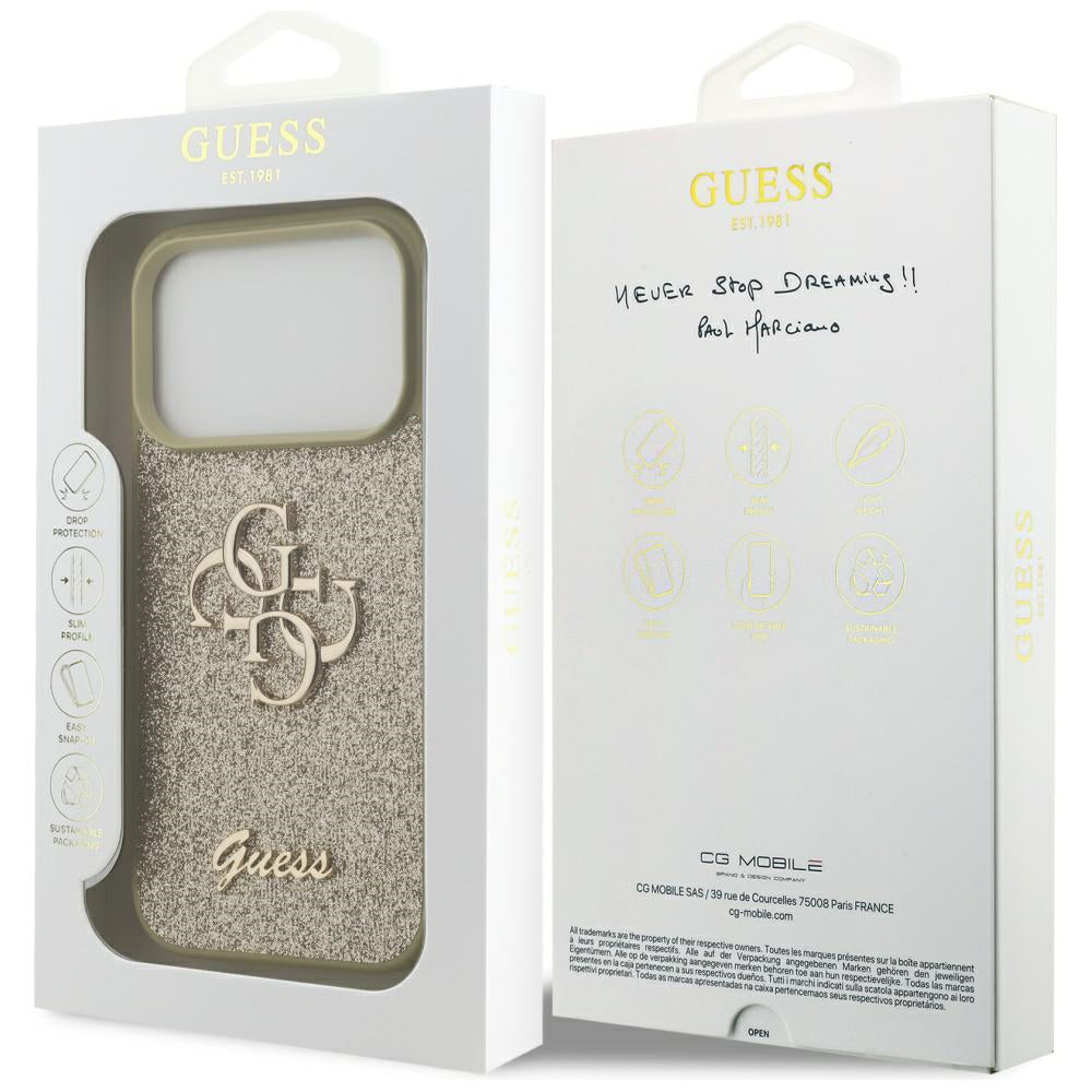 Hülle für Apple iPhone 17 Pro, Guess, Fixed Glitter Big 4G, Gold