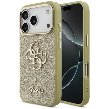 Hülle für Apple iPhone 17 Pro, Guess, Fixed Glitter Big 4G Metal Frame, Gold