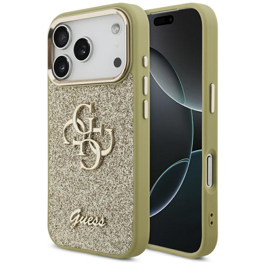 Hülle für Apple iPhone 17 Pro, Guess, Fixed Glitter Big 4G Metal Frame, Gold