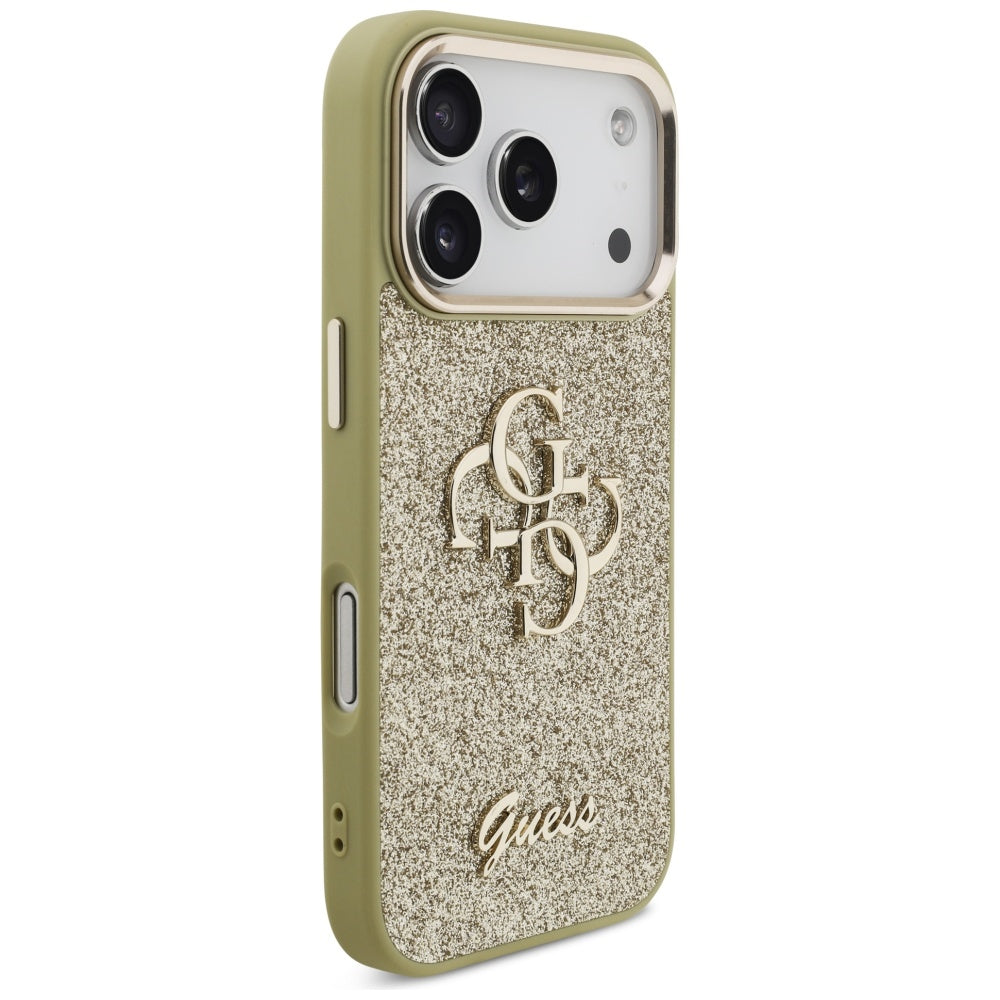 Hülle für Apple iPhone 17 Pro, Guess, Fixed Glitter Big 4G Metal Frame, Gold