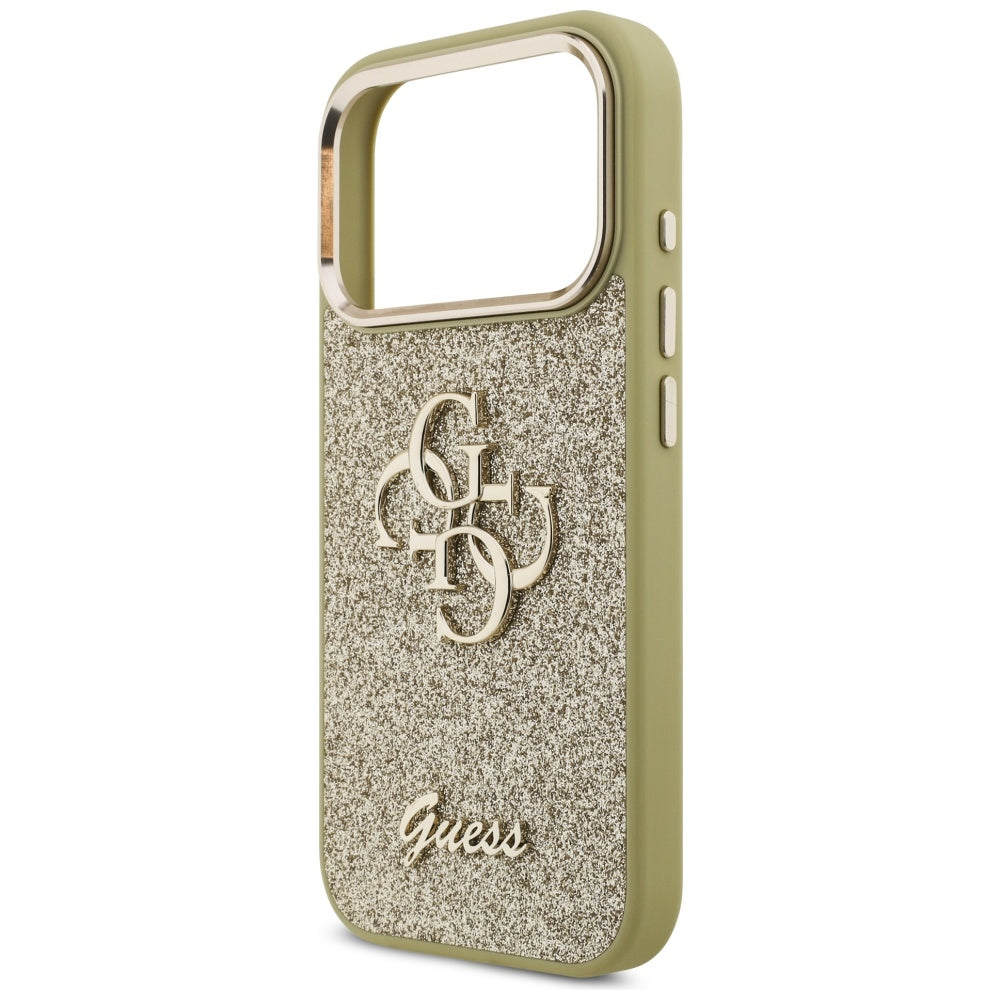 Hülle für Apple iPhone 17 Pro, Guess, Fixed Glitter Big 4G Metal Frame, Gold