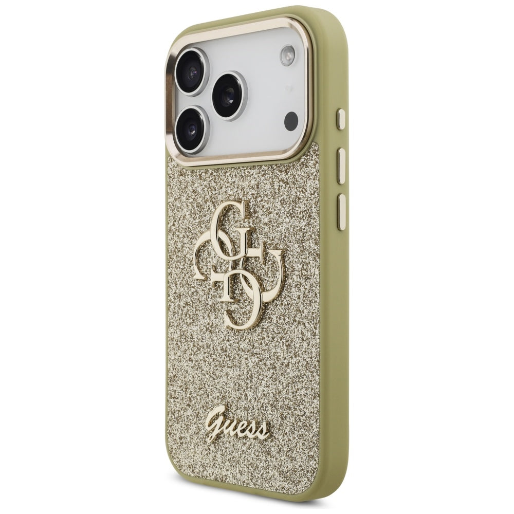 Hülle für Apple iPhone 17 Pro, Guess, Fixed Glitter Big 4G Metal Frame, Gold