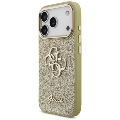 Hülle für Apple iPhone 17 Pro, Guess, Fixed Glitter Big 4G Metal Frame, Gold