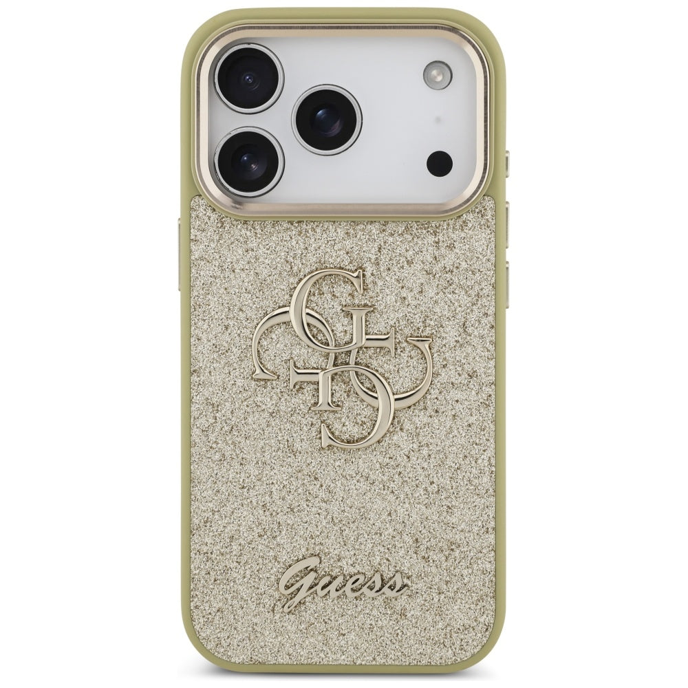 Hülle für Apple iPhone 17 Pro, Guess, Fixed Glitter Big 4G Metal Frame, Gold