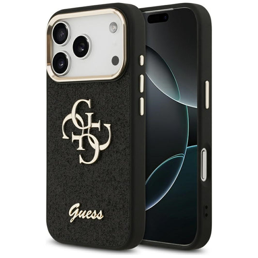 Hülle für Apple iPhone 17 Pro, Guess, Fixed Glitter Big 4G Metal Frame, Schwarz