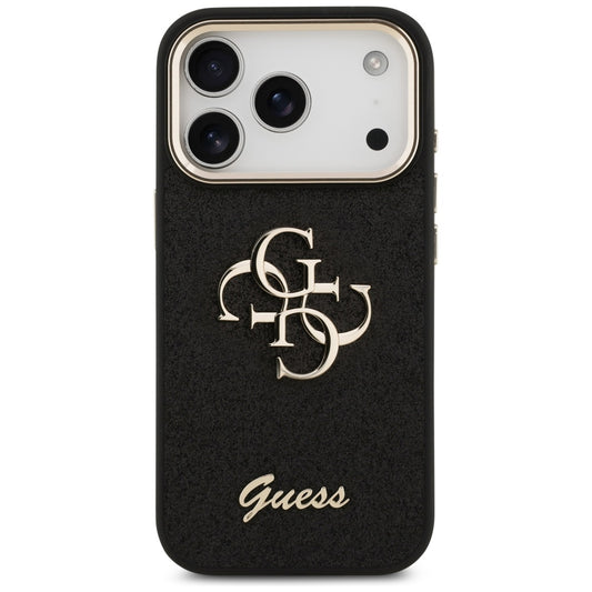 Hülle für Apple iPhone 17 Pro, Guess, Fixed Glitter Big 4G Metal Frame, Schwarz