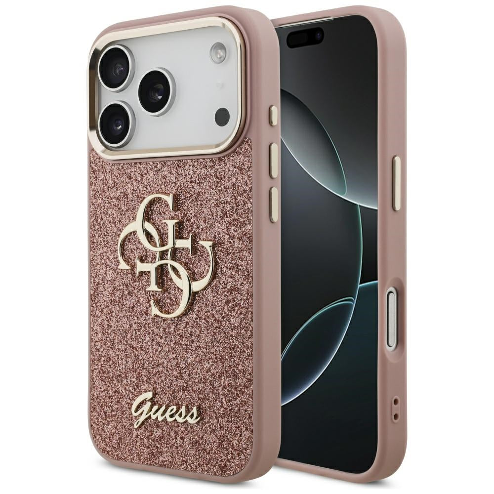 Hülle für Apple iPhone 17 Pro, Guess, Fixed Glitter Big 4G Metal Frame, Rosa