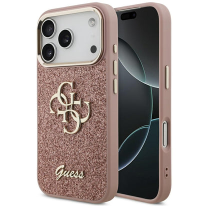 Hülle für Apple iPhone 17 Pro, Guess, Fixed Glitter Big 4G Metal Frame, Rosa