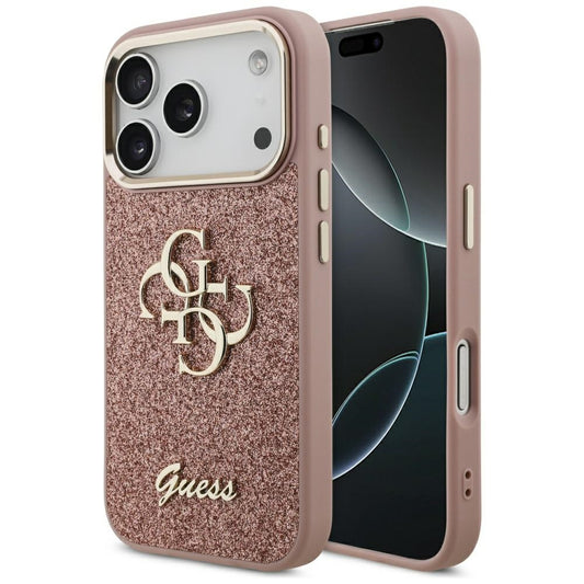 Hülle für Apple iPhone 17 Pro, Guess, Fixed Glitter Big 4G Metal Frame, Rosa