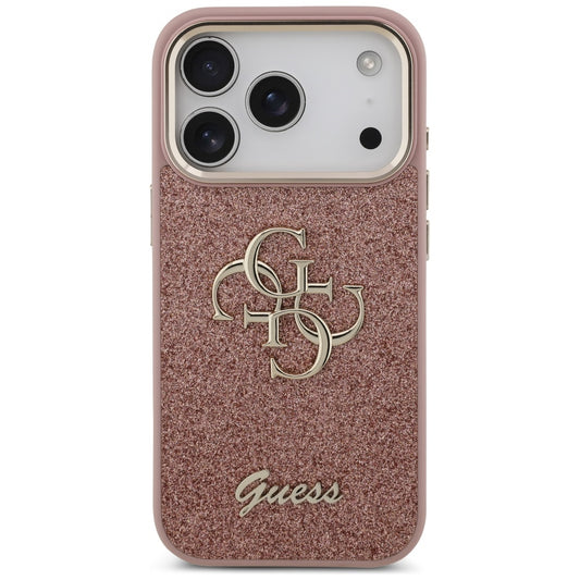 Hülle für Apple iPhone 17 Pro, Guess, Fixed Glitter Big 4G Metal Frame, Rosa