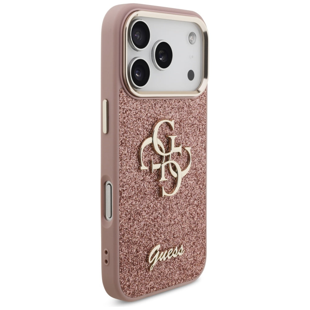 Hülle für Apple iPhone 17 Pro, Guess, Fixed Glitter Big 4G Metal Frame, Rosa