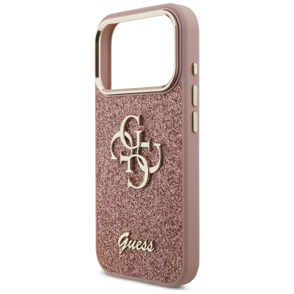 Hülle für Apple iPhone 17 Pro, Guess, Fixed Glitter Big 4G Metal Frame, Rosa