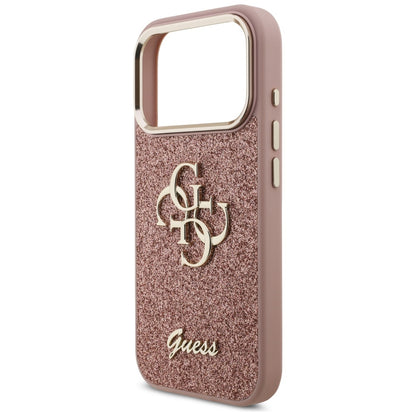 Hülle für Apple iPhone 17 Pro, Guess, Fixed Glitter Big 4G Metal Frame, Rosa