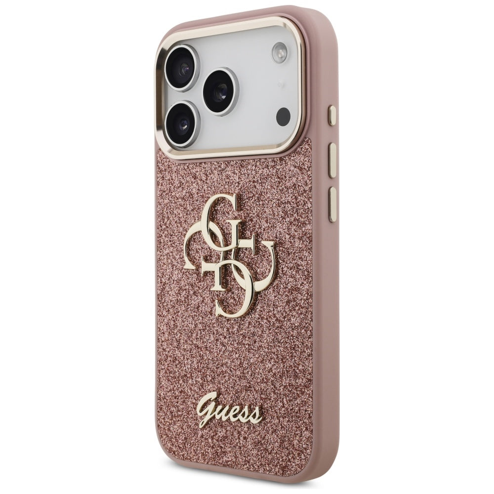 Hülle für Apple iPhone 17 Pro, Guess, Fixed Glitter Big 4G Metal Frame, Rosa