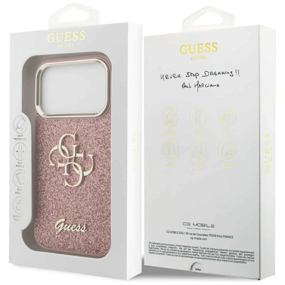 Hülle für Apple iPhone 17 Pro, Guess, Fixed Glitter Big 4G Metal Frame, Rosa