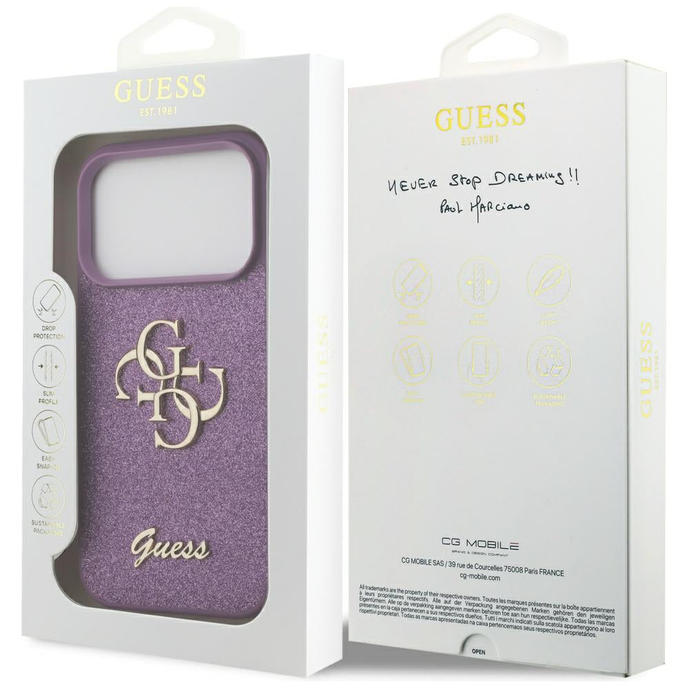 Hülle für Apple iPhone 17 Pro, Guess, Fixed Glitter Big 4G, Lila