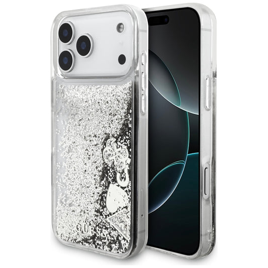 Hülle für Apple iPhone 17 Pro, Guess, Liquid Glitter Charms, Silbern