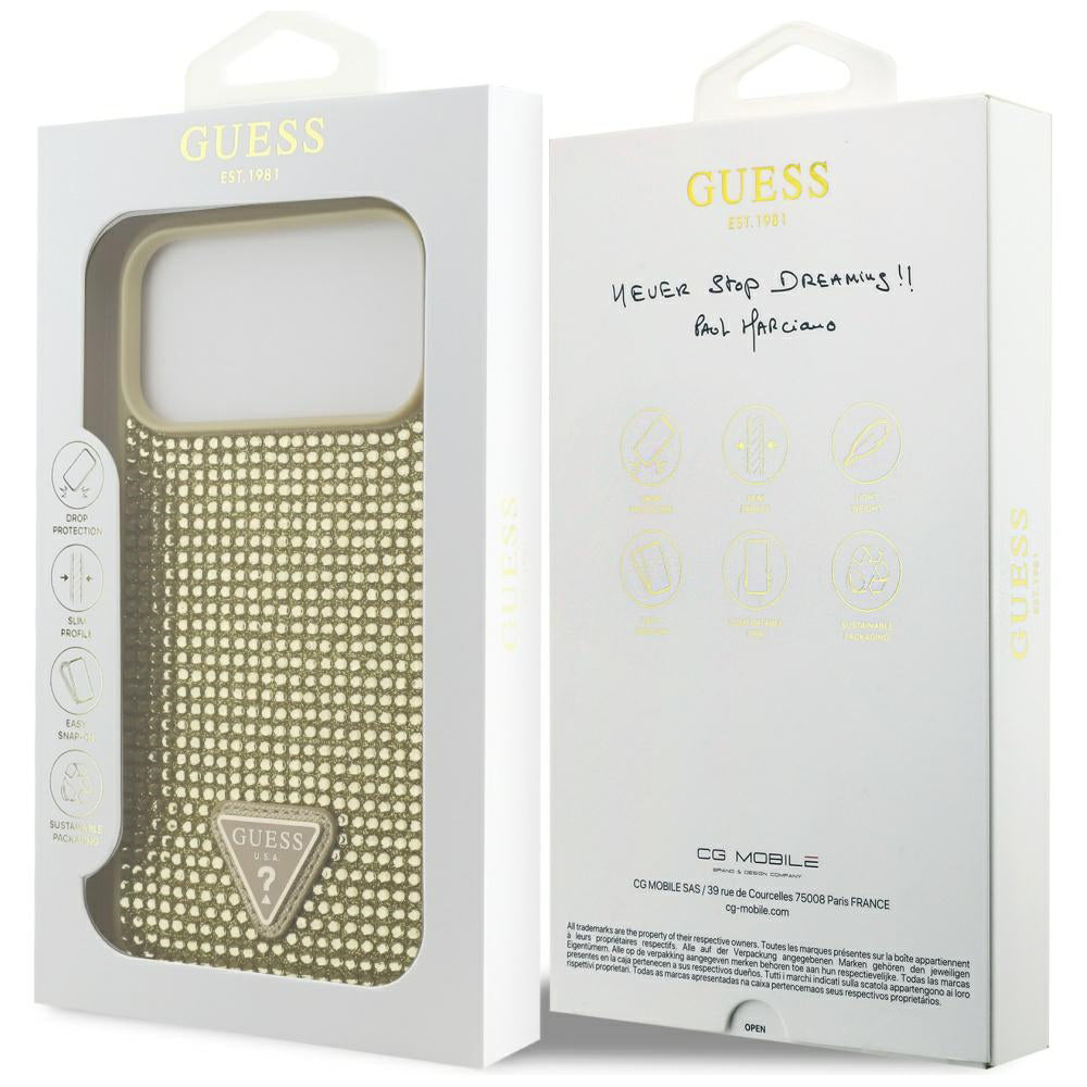 Hülle für Apple iPhone 17 Pro, Guess, Rhinestone Triangle Logo, Gold
