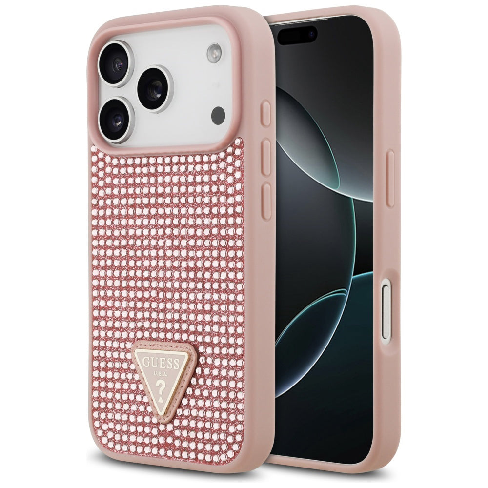 Hülle für Apple iPhone 17 Pro, Guess, Rhinestone Triangle Logo, Rosa