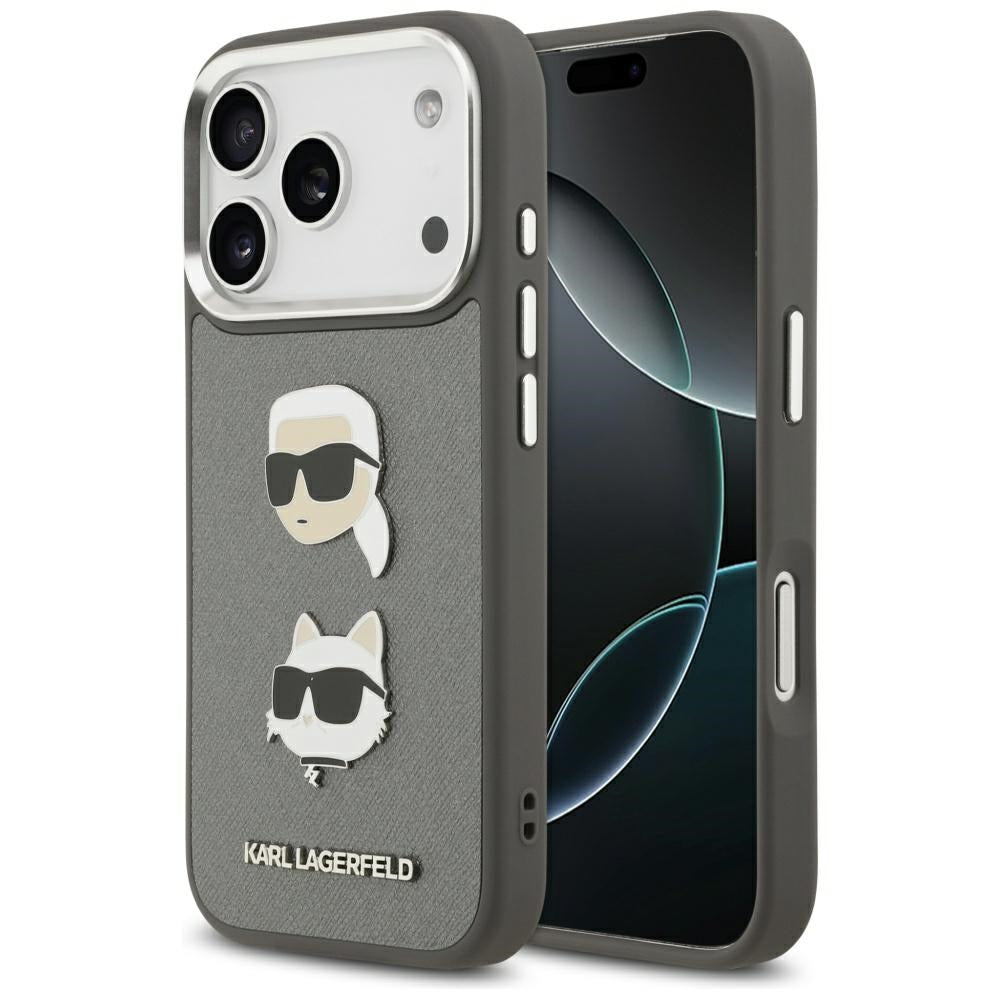 Hülle für Apple iPhone 17 Pro, Karl Lagerfeld, Grained Karl & Choupette's Heads Pins and Logo, Grau