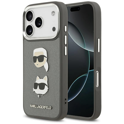 Hülle für Apple iPhone 17 Pro, Karl Lagerfeld, Grained Karl & Choupette's Heads Pins and Logo, Grau