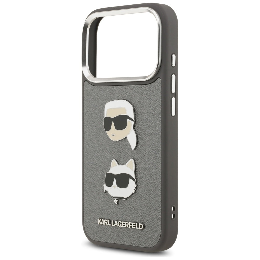 Hülle für Apple iPhone 17 Pro, Karl Lagerfeld, Grained Karl & Choupette's Heads Pins and Logo, Grau