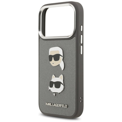 Hülle für Apple iPhone 17 Pro, Karl Lagerfeld, Grained Karl & Choupette's Heads Pins and Logo, Grau
