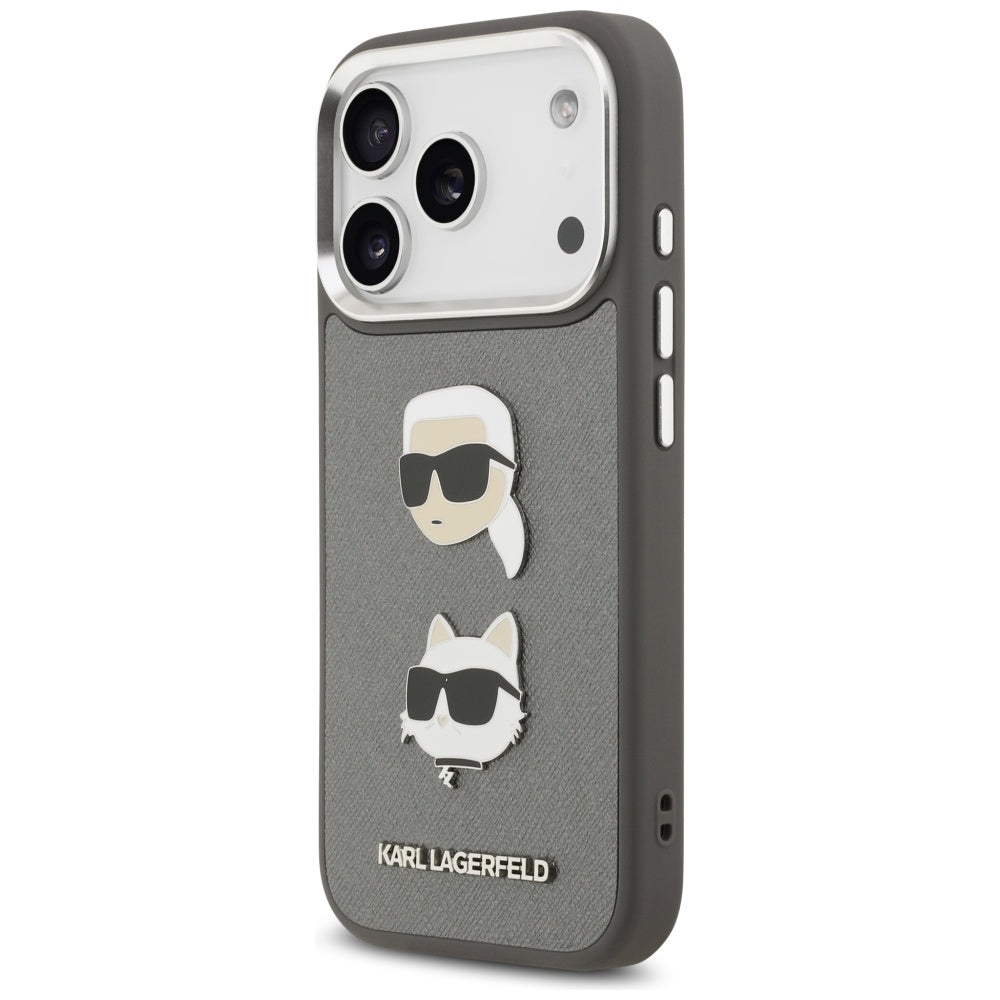 Hülle für Apple iPhone 17 Pro, Karl Lagerfeld, Grained Karl & Choupette's Heads Pins and Logo, Grau