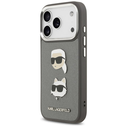 Hülle für Apple iPhone 17 Pro, Karl Lagerfeld, Grained Karl & Choupette's Heads Pins and Logo, Grau