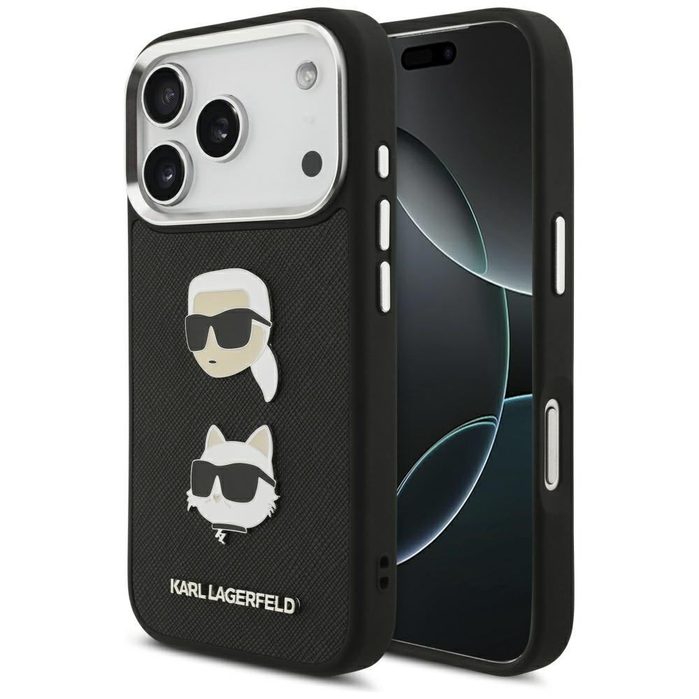 Hülle für Apple iPhone 17 Pro, Karl Lagerfeld, Grained Karl & Choupette's Heads Pins and Logo, Schwarz