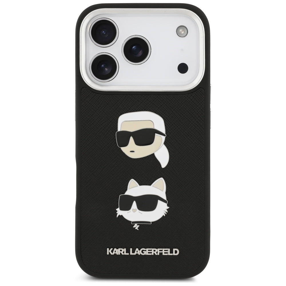 Hülle für Apple iPhone 17 Pro, Karl Lagerfeld, Grained Karl & Choupette's Heads Pins and Logo, Schwarz