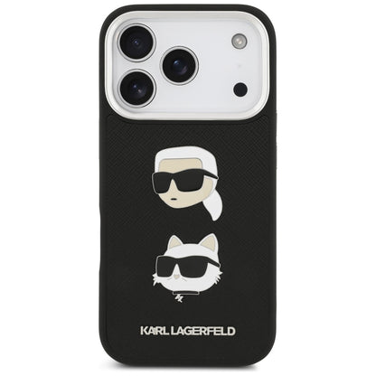Hülle für Apple iPhone 17 Pro, Karl Lagerfeld, Grained Karl & Choupette's Heads Pins and Logo, Schwarz