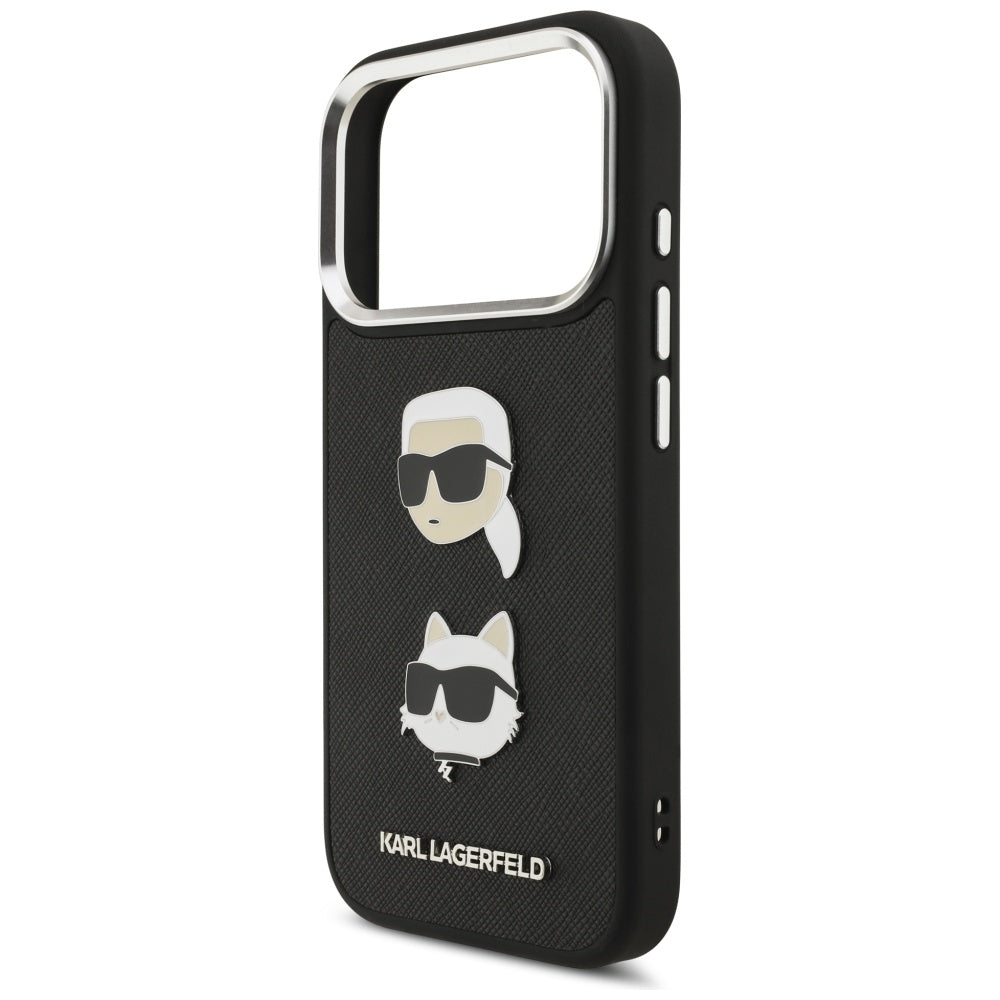 Hülle für Apple iPhone 17 Pro, Karl Lagerfeld, Grained Karl & Choupette's Heads Pins and Logo, Schwarz