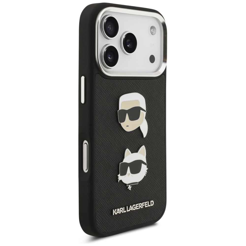 Hülle für Apple iPhone 17 Pro, Karl Lagerfeld, Grained Karl & Choupette's Heads Pins and Logo, Schwarz