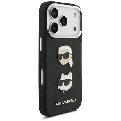 Hülle für Apple iPhone 17 Pro, Karl Lagerfeld, Grained Karl & Choupette's Heads Pins and Logo, Schwarz