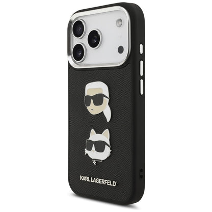 Hülle für Apple iPhone 17 Pro, Karl Lagerfeld, Grained Karl & Choupette's Heads Pins and Logo, Schwarz