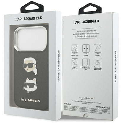 Hülle für Apple iPhone 17 Pro, Karl Lagerfeld, Grained Karl & Choupette's Heads Pins and Logo, Schwarz