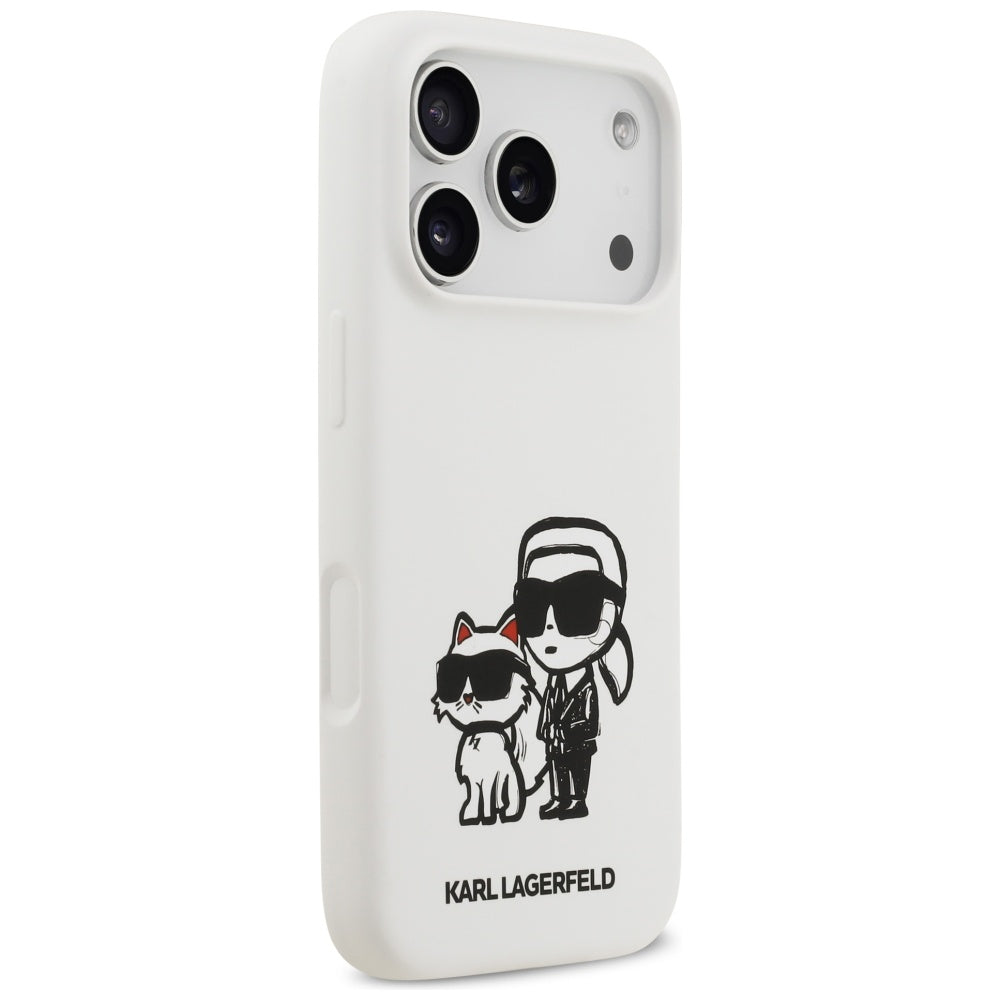 Hülle für Apple iPhone 17 Pro, Karl Lagerfeld, Sketch und Logo Karl & Choupette, Weiß