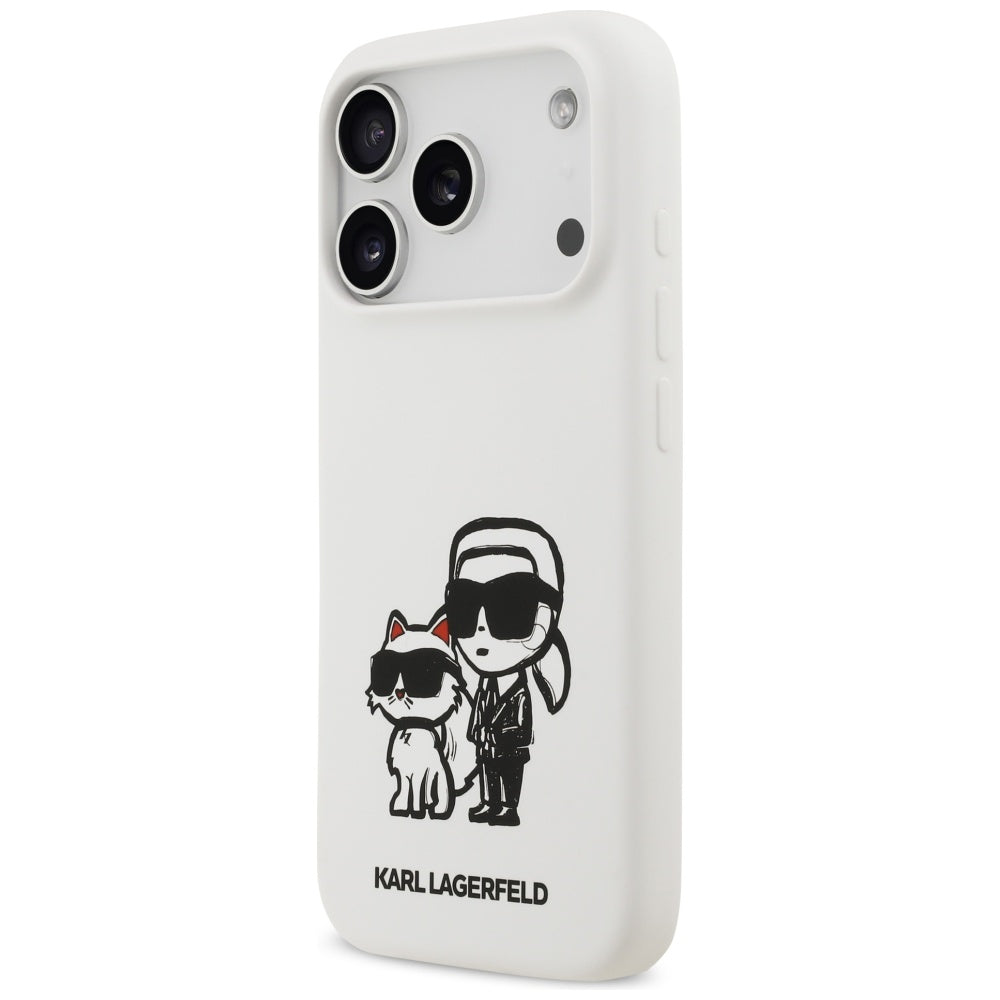 Hülle für Apple iPhone 17 Pro, Karl Lagerfeld, Sketch und Logo Karl & Choupette, Weiß