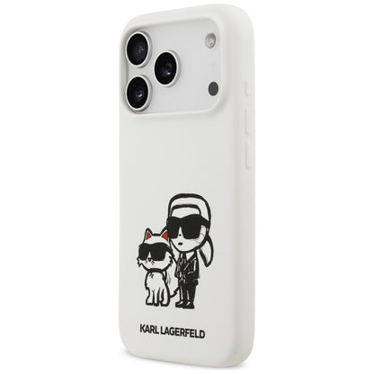 Hülle für Apple iPhone 17 Pro, Karl Lagerfeld, Sketch und Logo Karl & Choupette, Weiß