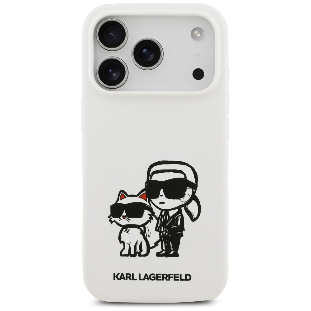 Hülle für Apple iPhone 17 Pro, Karl Lagerfeld, Sketch und Logo Karl & Choupette, Weiß