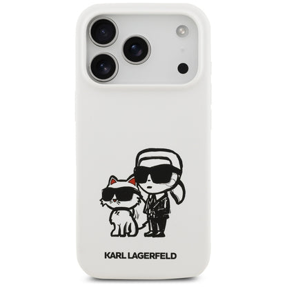 Hülle für Apple iPhone 17 Pro, Karl Lagerfeld, Sketch und Logo Karl & Choupette, Weiß