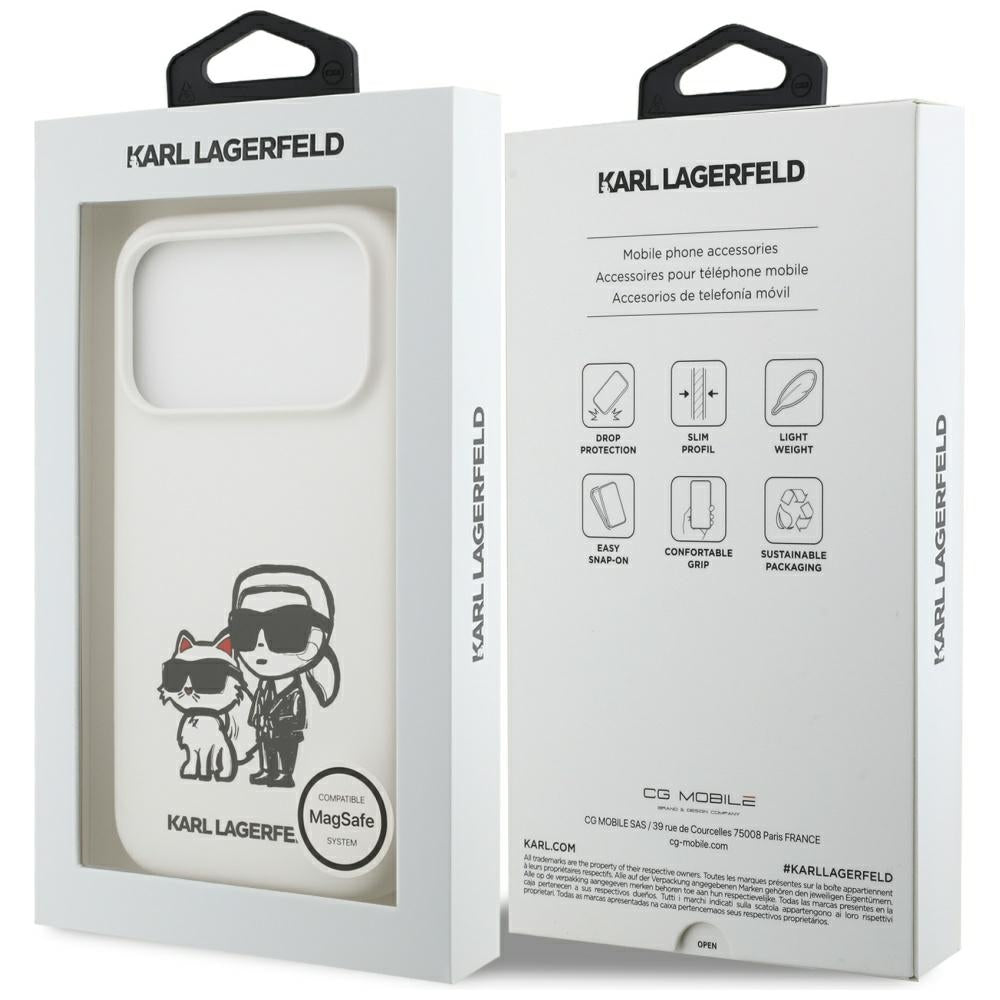Hülle für Apple iPhone 17 Pro, Karl Lagerfeld, Sketch und Logo Karl & Choupette, Weiß
