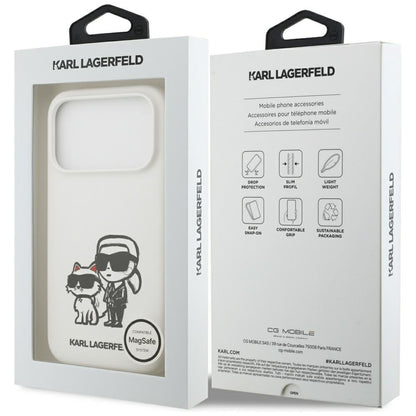 Hülle für Apple iPhone 17 Pro, Karl Lagerfeld, Sketch und Logo Karl & Choupette, Weiß