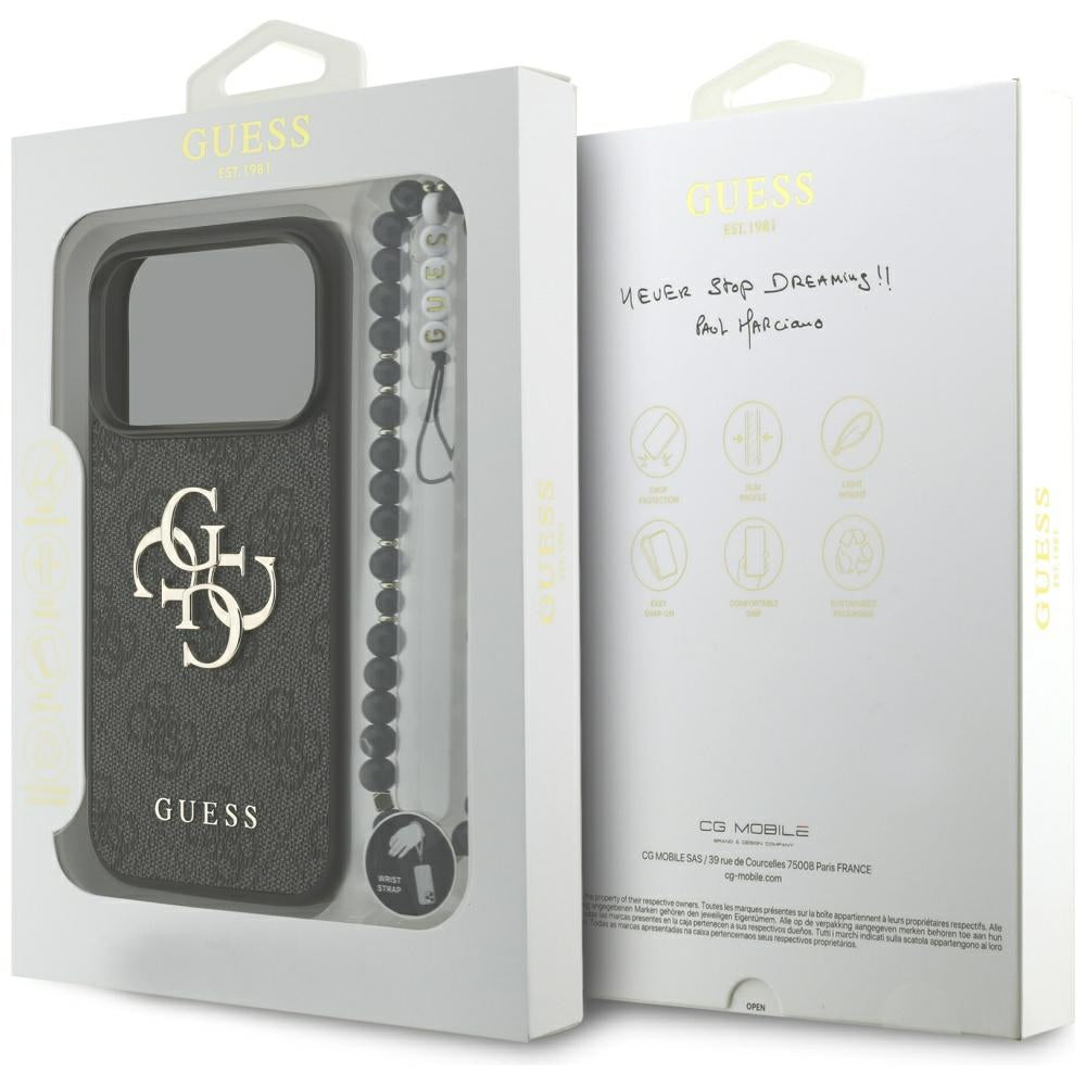 Hülle für Apple iPhone 17 Pro Max, Guess, 4G Classic Logo mit Trageriemen, Schwarz