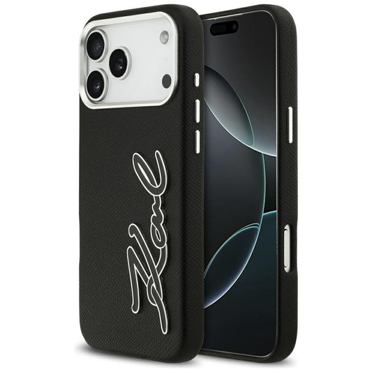 Hülle für Apple iPhone 17 Pro Max, Karl Lagerfeld, FW Grained Signature Logo, Schwarz
