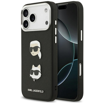 Hülle für Apple iPhone 17 Pro Max, Karl Lagerfeld, Grained Karl & Choupette's Heads Pins and Logo, Schwarz