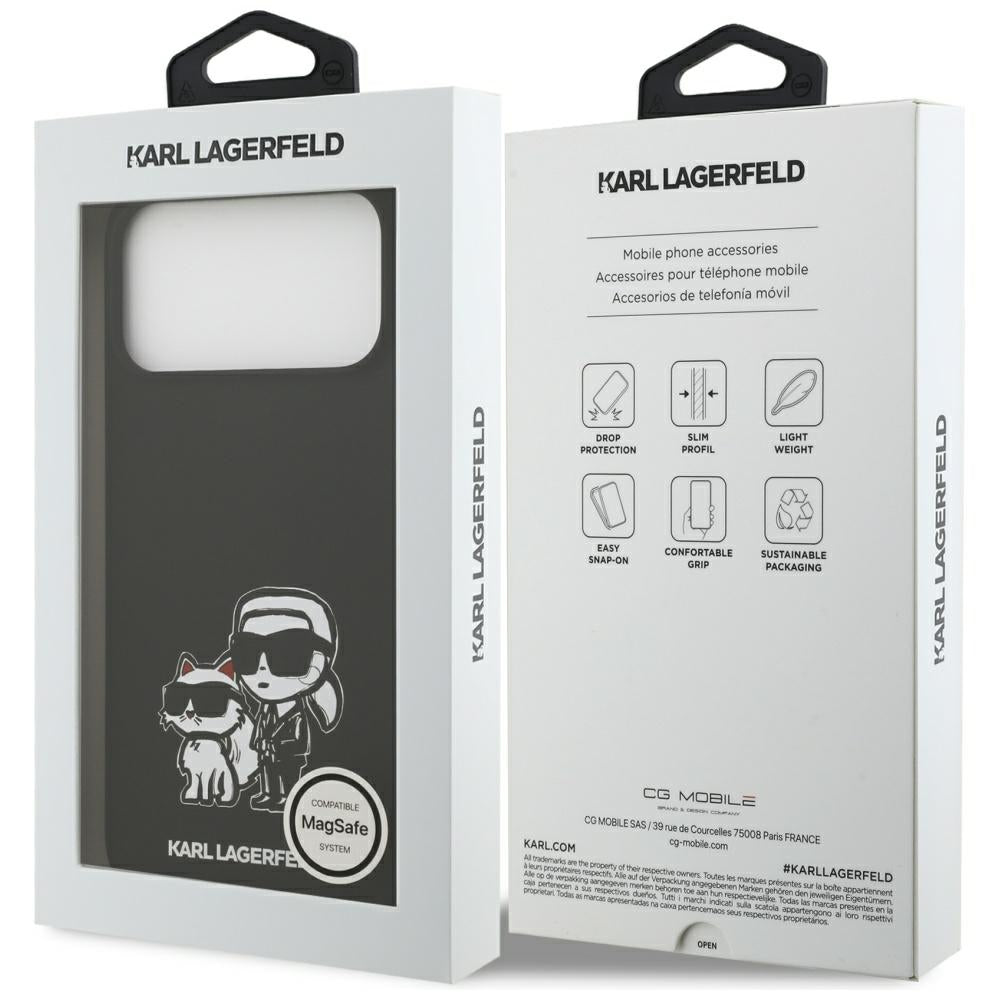 Hülle für Apple iPhone 17 Pro Max, Karl Lagerfeld, Sketch und Logo Karl & Choupette, Schwarz